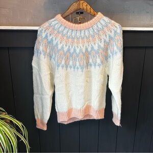 Vintage 80s Ivy Cream Pastel Pink‎ Fair Isle Knit Crewneck Sweater M
